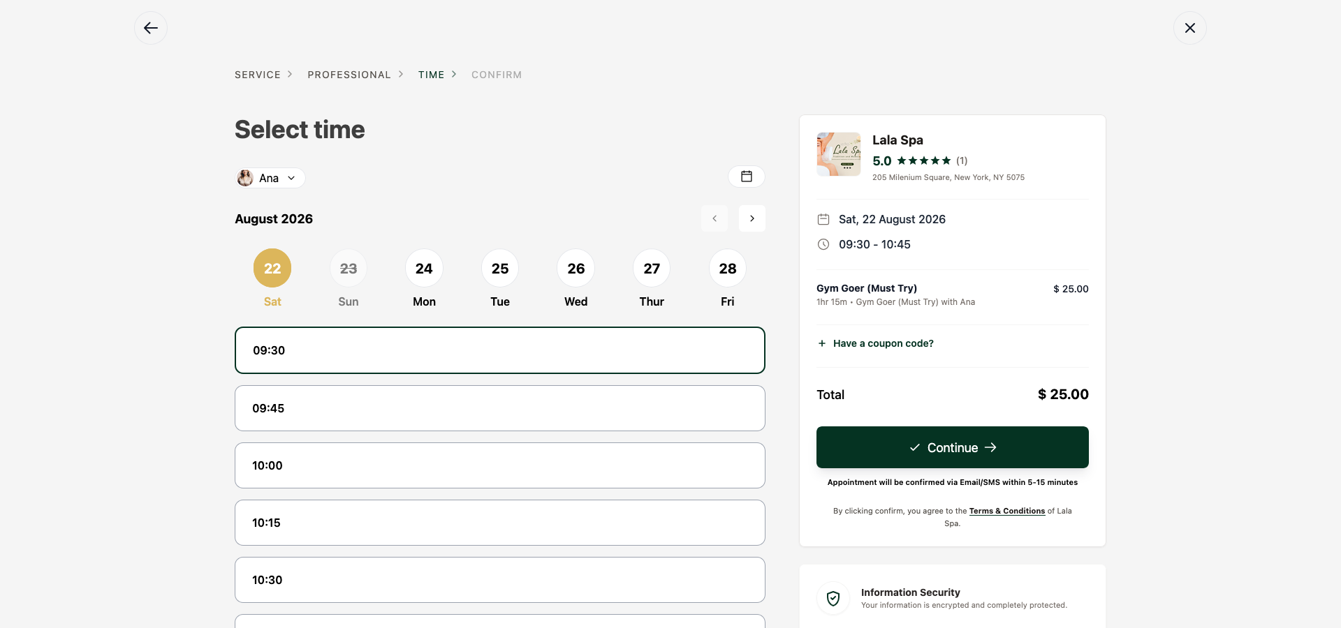 Booking flow — select time